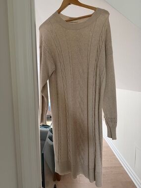 Women's Long Sleeve Cable Knit Sweater Dress in Light Beige